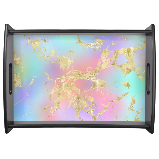 Modern Rainbow Gradient and Gold Marble Pattern Serving Tray (Front)