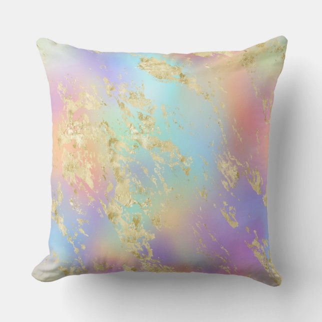 Modern Rainbow Gradient and Gold Marble Pattern Throw Pillow (Front)