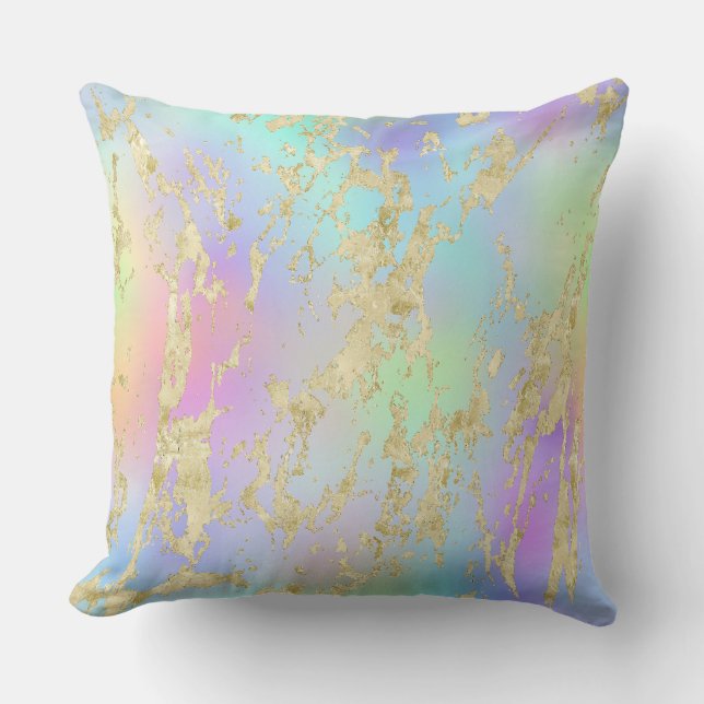 Modern Rainbow Gradient and Gold Marble Pattern Throw Pillow (Front)