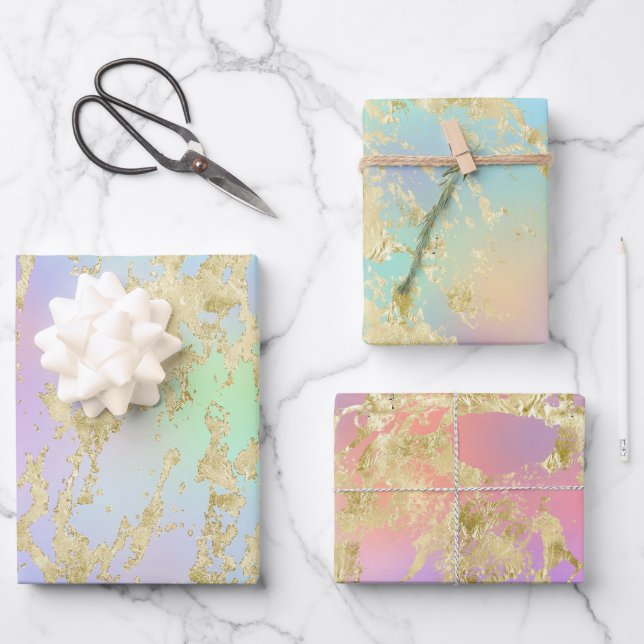 Modern Rainbow Gradient and Gold Marble Patterns Wrapping Paper Sheets (Front)