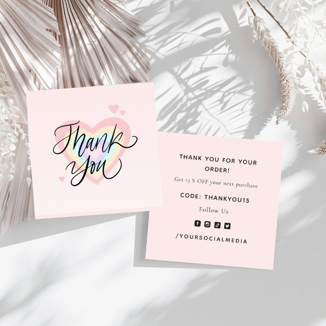 Modern Rainbow Heart Chic Thank You Valentines Day Square Business Card (Creator Uploaded)