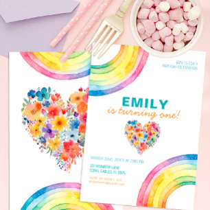 Modern Rainbow Heart Floral Girl Birthday Invite