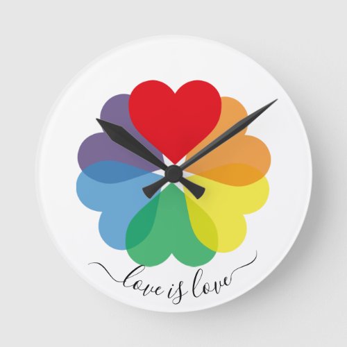 Modern Rainbow Hearts Love Is Love Round Clock