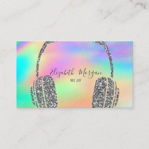 Modern Rainbow Holographic Glitter Headphone DJ Business Card