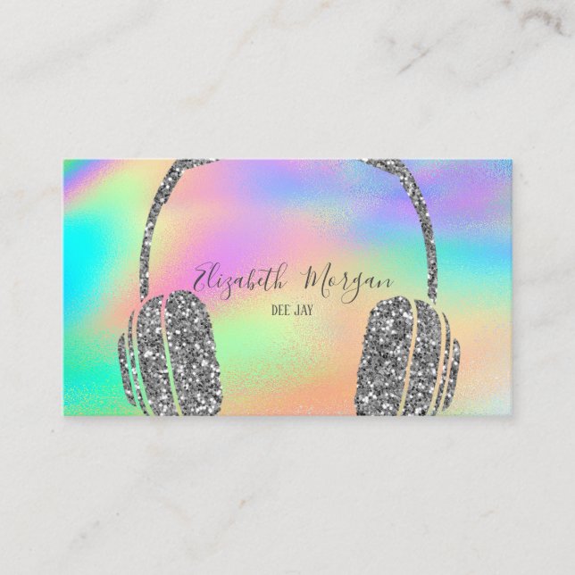 Modern Rainbow Holographic Glitter Headphone DJ Business Card (Front)