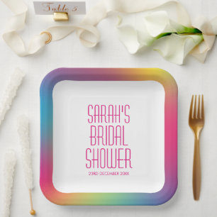 Modern Rainbow Holographic Gradient Bridal Shower Paper Plates