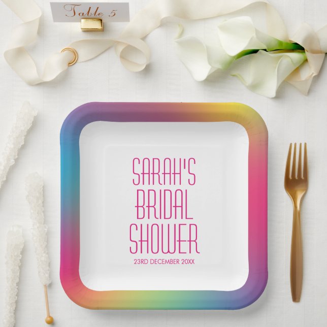 Modern Rainbow Holographic Gradient Bridal Shower Paper Plates (Wedding)