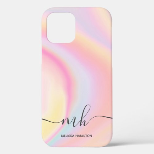 Modern rainbow holographic pastel marble monogram iPhone 12 pro case