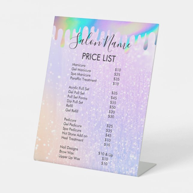 Modern Rainbow Holographic Price Menu Pedestal Sign (Front)