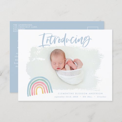 Modern rainbow introducing photo birth announcement postcard