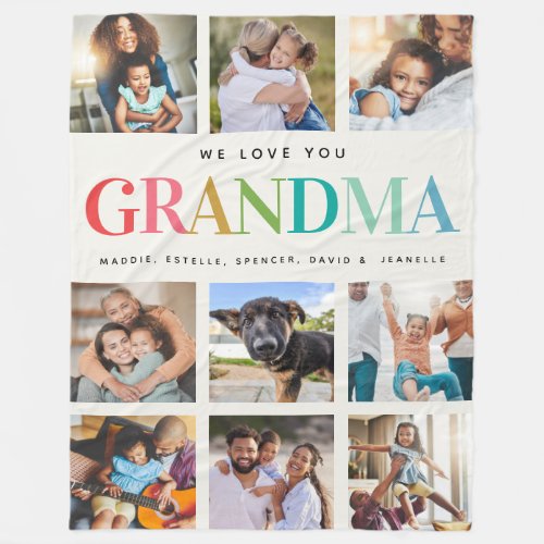 Modern Rainbow Love Grandma Photo Collage Family Fleece Blanket