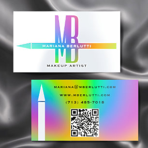 Modern Rainbow Makeup Artist Silver Foil QR code Spot Gloss Business Cards