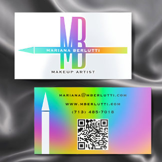 Modern Rainbow Makeup Artist Silver Foil QR code Spot Gloss Business Cards