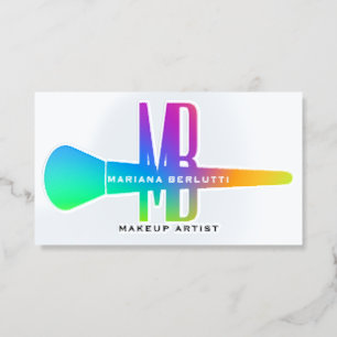 Modern Rainbow Makeup Artist Silver Foil QR code Spot Gloss Business Cards