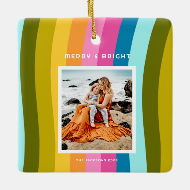 Modern Rainbow Merry and Bright Vertical Ceramic Ornament (Front)