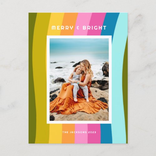 Modern Rainbow Merry and Bright Vertical Holiday Postcard