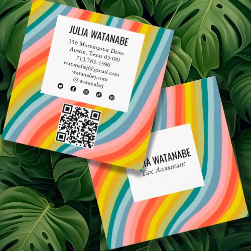 Modern Rainbow Minimalist Stripes QR Social Media Square Business Card