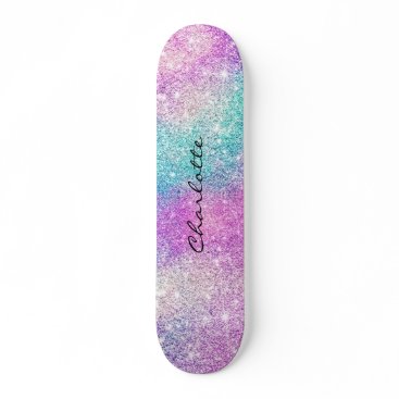 Modern rainbow nebula sparkles girly glitter name skateboard