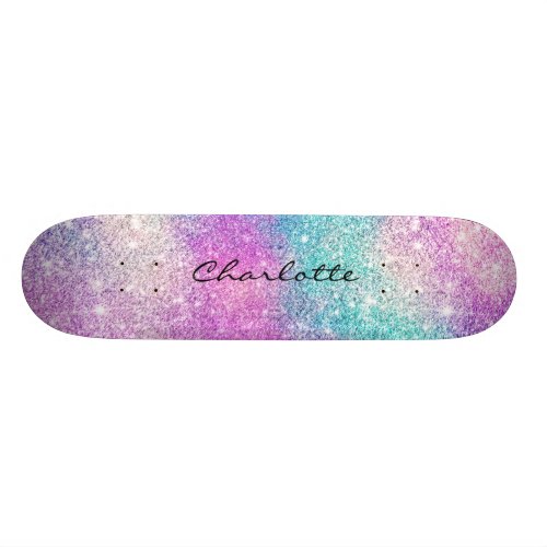 Modern rainbow nebula sparkles girly glitter name skateboard