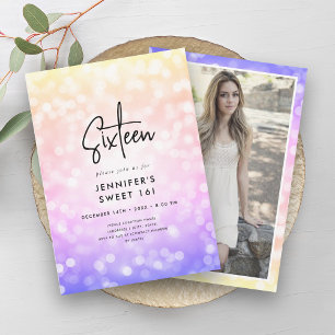 Modern Rainbow Ombre Lights Photo Sweet 16 Invitation