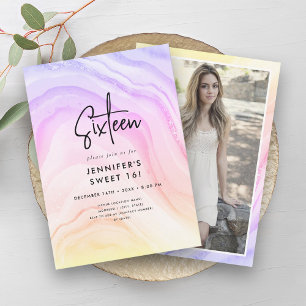Modern Rainbow Ombre Marble Photo Sweet 16  Invitation