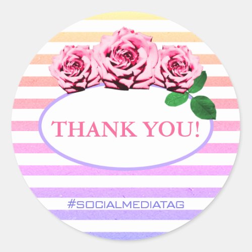 Modern Rainbow Ombre Stripes Pink Roses Thank You Classic Round Sticker