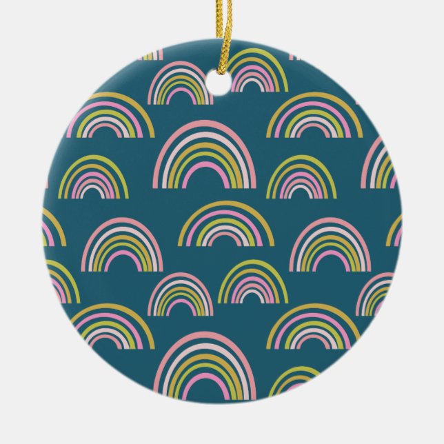 Modern Rainbow Pattern Design in Blue Holiday Ceramic Ornament (Front)