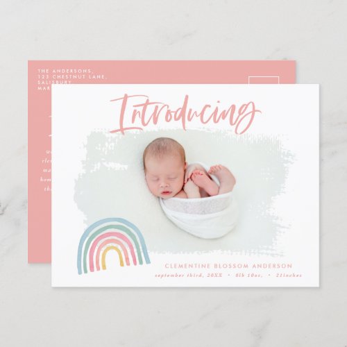 Modern rainbow pink girly introducing photo birth announcement postcard