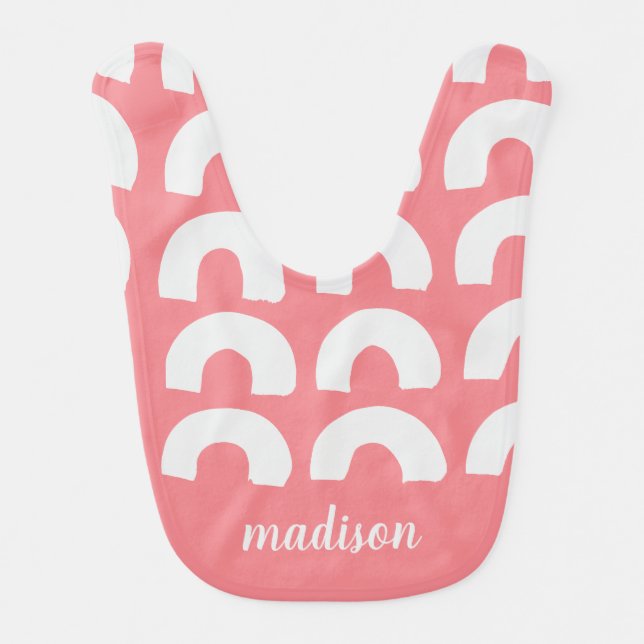 Modern Rainbow Pink Gray Adorable Simple Custom Baby Bib (Front)