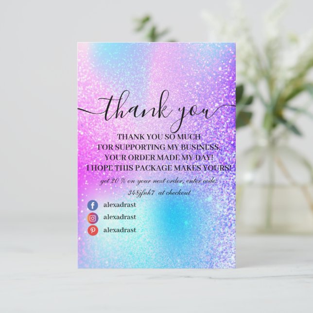 Modern Rainbow Pink Holographic Thank You Card (Standing Front)