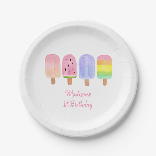 Modern Rainbow Popsicle Birthday Paper Plates (Front)