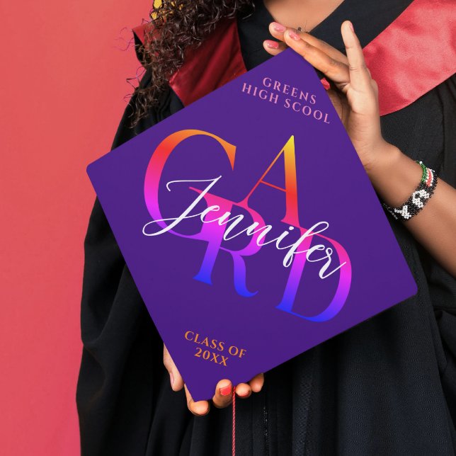  Modern Rainbow Purple Modern Script Name School Graduation Cap Topper (Creator Uploaded)