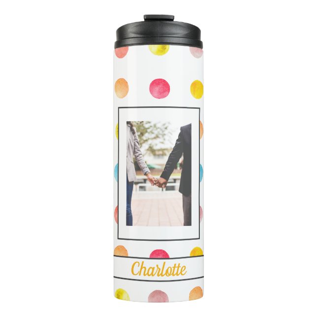 Modern Rainbow Spotty Pattern Photo Personalized Thermal Tumbler (Front)