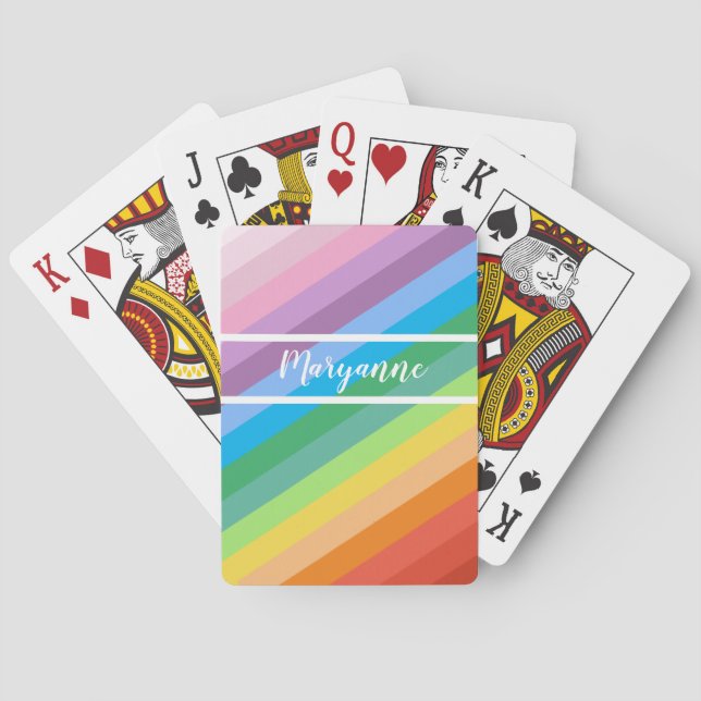Modern Rainbow Stripes Add Name Script Poker Cards (Back)