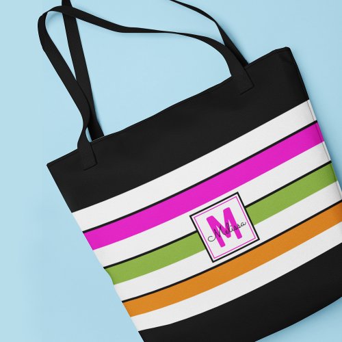 Modern Rainbow Stripes Monogram Tote Bag