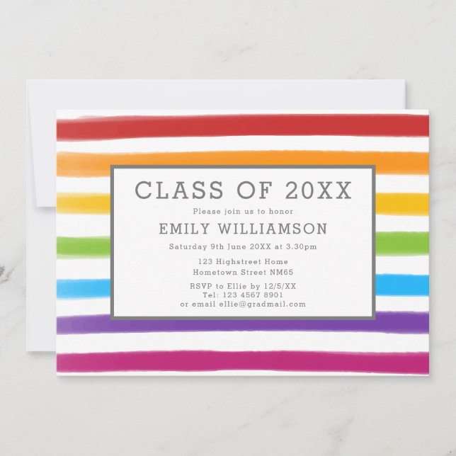 Modern Rainbow Stripes Watercolor Graduation Party Invitation (Front)