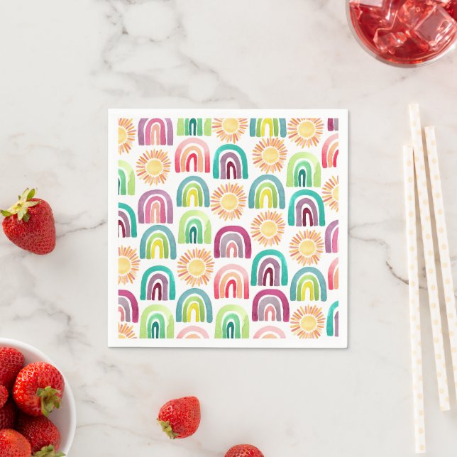 Modern Rainbow & Suns 1st Birthday Watercolor Napkins (Insitu)