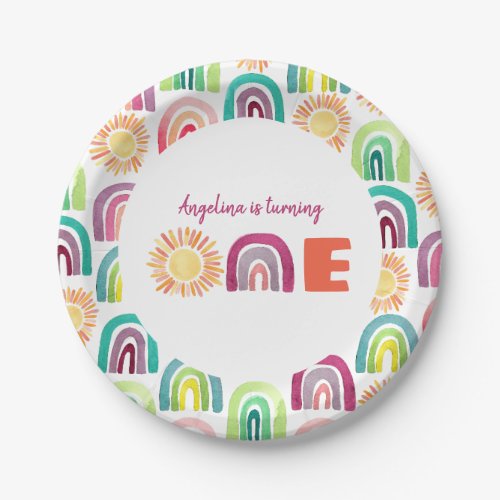 Modern Rainbow  Suns 1st Birthday Watercolor Paper Plates