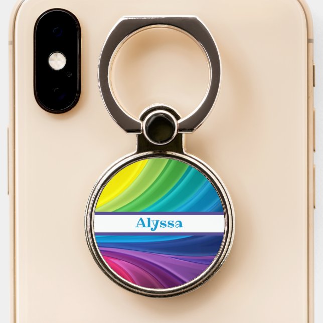 Modern Rainbow Swirl Personalized Phone Ring Stand (Close Up)