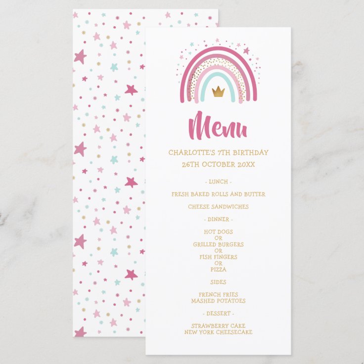 Modern Rainbow themed party birthday menu | Zazzle