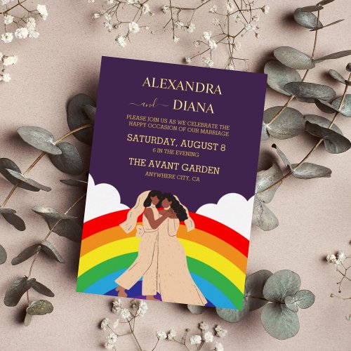 Modern Rainbow Two Brides LGBTQ Wedding Foil Invitation