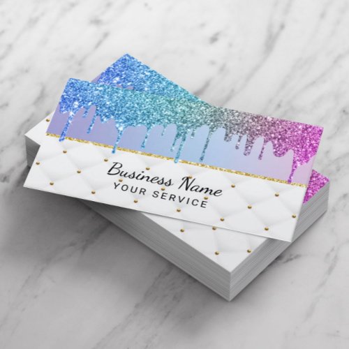 Modern Rainbow Unicorn Glitter Drips Beauty Salon Business Card