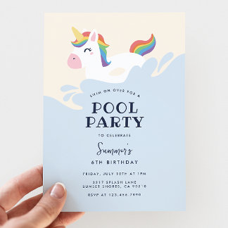 Modern Rainbow Unicorn Summer Pool Party Birthday Invitation