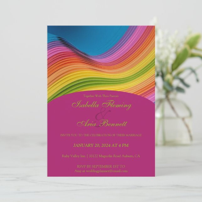 Modern Rainbow Wave Wedding Invitation (Standing Front)