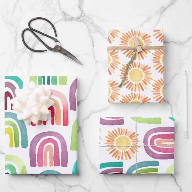 Modern Rainbows & Sun Pattern Birthday Party Wrapping Paper Sheets (Front)