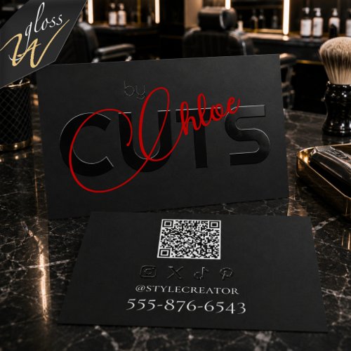 Modern Raised Spot UV Haircut Specialist Barber Business Card