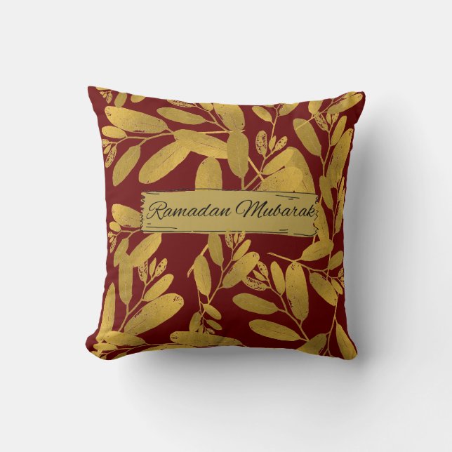 Modern Ramadan Mubarak Gold Flora Plant Leaf Throw Pillow (Front)