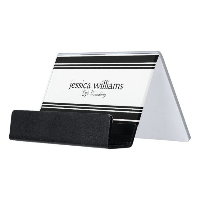 Modern Random Black Stripes Desk Business Card Holder (Angled Front)