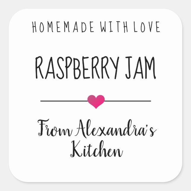 Modern Raspberry jam homemade with love Square Sticker (Front)