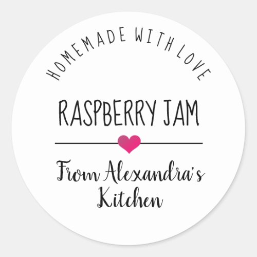 Modern Raspberry jam white homemade with love  Classic Round Sticker